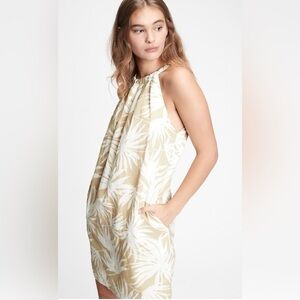 Gap Linen Dress Size 4, Beige & White Palm Leaf Print, Halter w/Tie Back